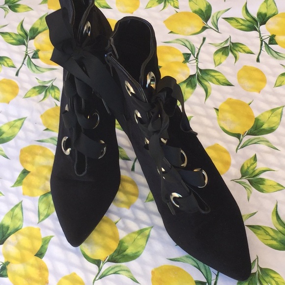 Black Velvet Lace Up Booties - Picture 3 of 6
